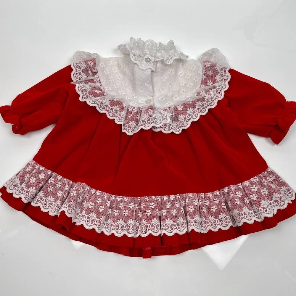 Vintage Toddler 18M Red Velvet and Lace Trim Christmas Dress w/ Bubble Sleeves
